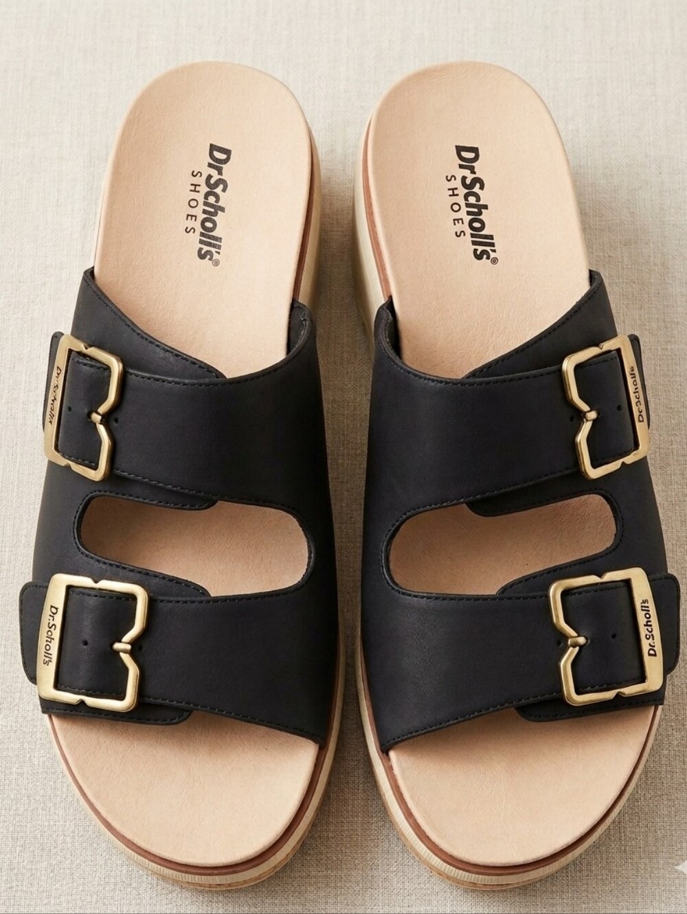 Dr. Scholl's Black Sandals with Gold Buckles